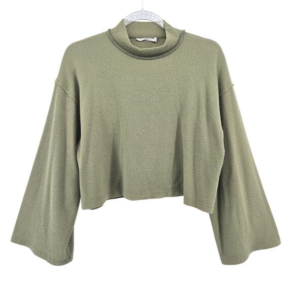 Lush Avocado Wide Sleeve High Neck Cropped Sweater Size SM Boho Minimalist Soft - Picture 1 of 8